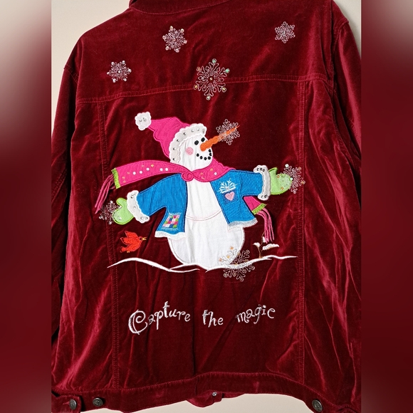 Quacker Factory - Red Velvet Snowman Jacket - Size 2X - Winter Snow Flakes - Picture 2 of 14